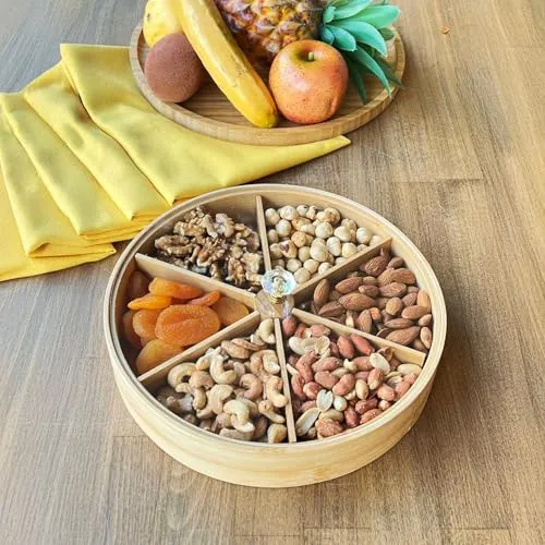 Deconox Bambu Bölmeli Kristal Kapaklı Sunumluk, Kuru Meyve, Kuru Yemiş ve Drajeleriniz İçin (DAİRE-25cm)