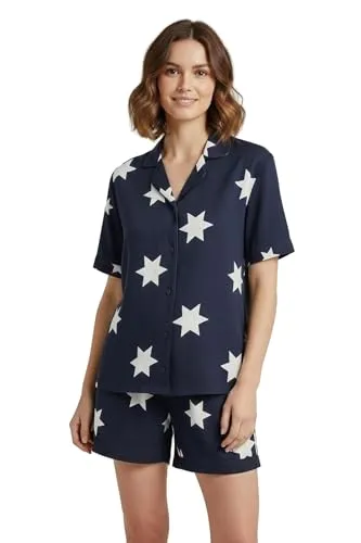 MISIRLI ORGANIC Kadın Pijama Takımı%100 Pamuklu Yıldız Desenli Kısa Kollu Gömlek Kısa Şortlu Rahat Kesim Takım