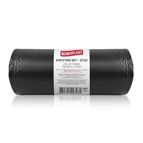 Koroplast Konteyner Boy Çöp Torbası Siyah 10’lu 120x150 cm, Yırtılmaya Dayanıklı, Konteyner Boy Çöp Poşeti, Çift Katlı, Geri Dönüştürülebilir, Fabrika, İnşaat, Depo, Kafe, Otel, Hastane, Bahçe