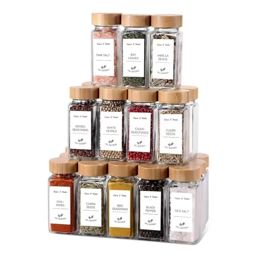 Orret Home 12'li Bambu ve Akasya Kapaklı Cam Baharatlık Seti 120 ml - Doğal Ahşap Kapaklı, Şeffaf Cam, Sağlıklı ve Şık Baharat Kavanozları (Bambu Kapak)