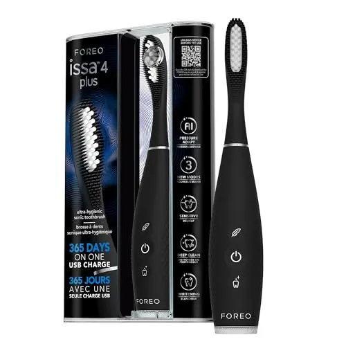 FOREO ISSA 4 Plus Sonik Elektrikli Diş Fırçası – 4'ü 1 Arada Yapay Zekâ Destekli Şarjlı Set, Yumuşak Kıllar, Diş Beyazlatma, Ultra Hijyenik Temizlik - Siyah