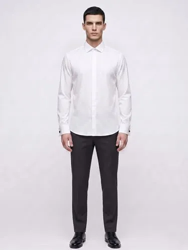 Erkek Gömlek - Slim Fit Pamuklu Esnek Kumaş - Fransız Manşetli Kol Düğmeli Klasik Uzun Kollu Gömlek (Beyaz, Large)