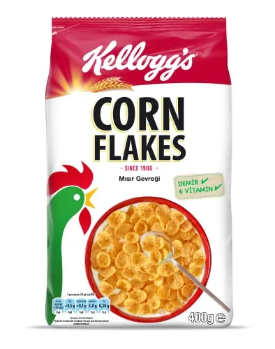 Kellogg's Corn Flakes Çıtır Altın Renginde Kahvaltılık Mısır Gevreği 400 Gr,Lif Kaynağı,Demir ve 6 Vitamin içerir,Folik Asit içerir