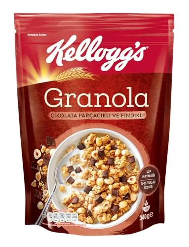 Kellogg's Granola Çikolata Parçacıklı ve Fındıklı 340 Gr,%44 Yulaf içerir,Lif Kaynağı,%11 Belçika Çikolata Parçaları,Antioksidan içerir,Kahvaltılık Gevrek,Müsli
