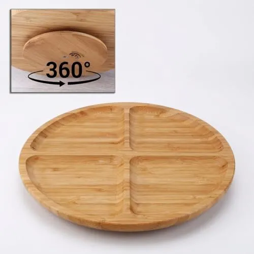 Deconox 4 Bölmeli Dönerli Bambu Sunum Tepsisi, 360 Derece Dönebilen Yuvarlak Bambu Sunumluk, Kahvaltı, Kuruyemiş, Lokum, Zeytin, Kuru Meyve, Peynir ve Atıştırmalık Servis Tepsisi 30cm