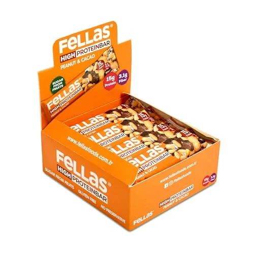 Fellas Yüksek Protein Bar, Yer Fıstıklı ve Kakaolu, 45gr x 12 Adet