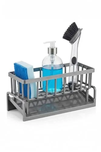 Orret Home Lavabo Organizeri Tezgah Üstü ABS Plastik Mutfak Organizer Banyo Düzenleyici Evye Üstü Süngerlik Sabunluk Organizer Su Hazneli Gri Raf (Metalik Gri)