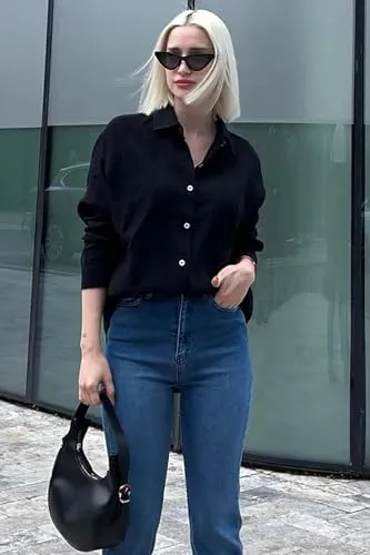 Madmext Siyah Muslin Kumaş Basic Kadın Gömlek Mg1660,Siyah S