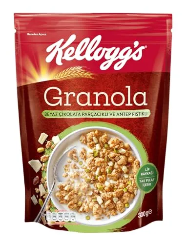 Kellogg's Granola Beyaz Çikolatali & Antep Fıstikli 300 Gr,%46 Yulaf içerir,Lif Kaynağı,Antioksidan içerir,Kahvaltılık Gevrek,Müsli